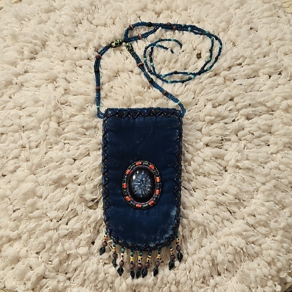 Handcrafted Tealy Blue Beaded Fringe Pouch